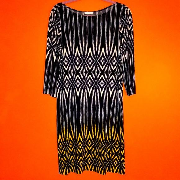Woman’s Black /White/Yellow Geometric Patterned Dress 12/14/16 Lg XL Career Fall - Picture 1 of 7
